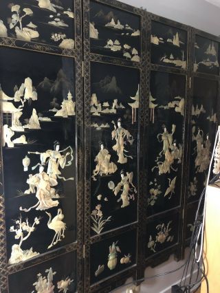 4 Vintage Asian Mother Of Pearl Black Lacquer Wall Panels Chinese Double Sided