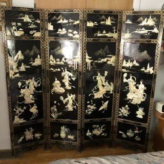 4 Vintage Asian Mother of Pearl Black Lacquer Wall Panels Chinese Double Sided 3