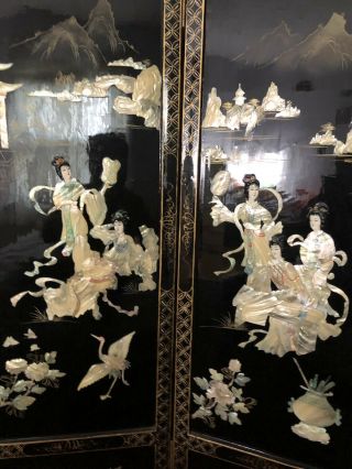 4 Vintage Asian Mother of Pearl Black Lacquer Wall Panels Chinese Double Sided 5