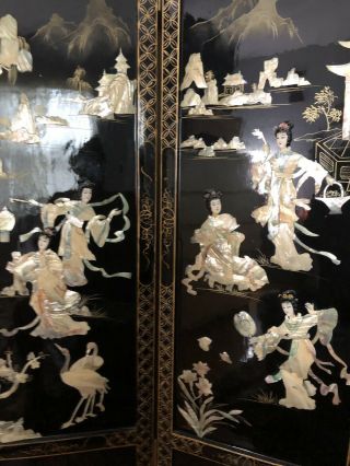 4 Vintage Asian Mother of Pearl Black Lacquer Wall Panels Chinese Double Sided 6