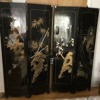 4 Vintage Asian Mother of Pearl Black Lacquer Wall Panels Chinese Double Sided 7