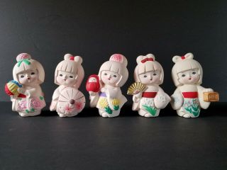 Japanese Clay Hakata Doll Girls In Kimono - 5 - Piece Set