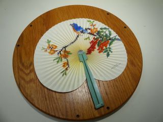 Vintage Hand Fan Folding Paper Oriental Blue Bird Flowers Green Metal Handles