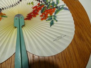 Vintage Hand Fan Folding Paper Oriental Blue Bird Flowers Green Metal Handles 2