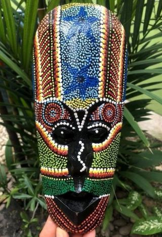 Mask African Tribal Aboriginal Hand Paint Star Face Carved Wood Decor Hang Wall