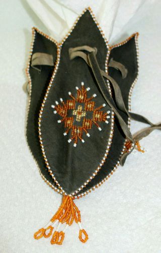 Vintage Native American Beaded Leather Drawstring Pouch Bag 6 Panels