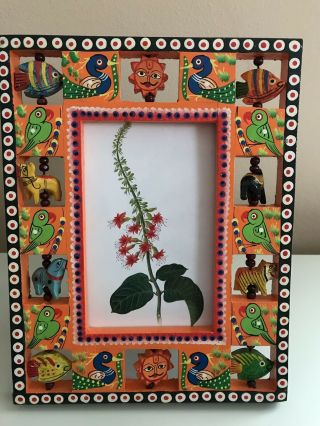 Vintage Mexican Folk Art Hand Painted Bird Fish Picture 3 - D Animals Photo Frame