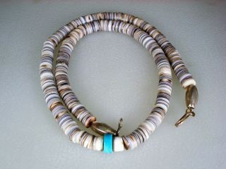 Old Santo Domingo Pueblo Hand Rolled Heishi Necklace W/ Turquoise & Silver Beads