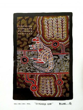 Framed Kangaroo Hunt Art Print Roy Link 6 " X 8 " Authentic Aboriginal Artifact