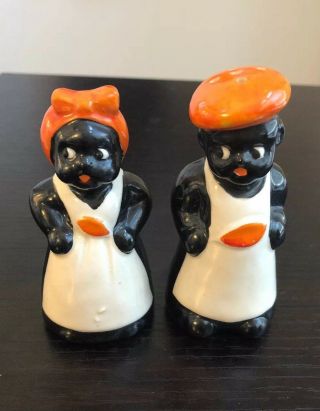 Vintage 4” Black Americana Chef And Cook Salt And Pepper Shaker