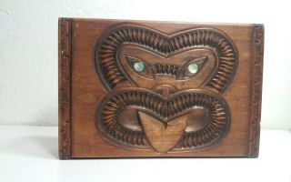 Outstanding Oceanic,  South Pacific,  Zealand Carved Wood Box,  W/paua Shell