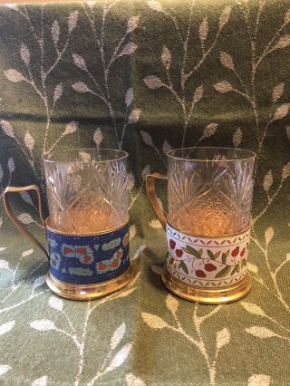 Two Vintage Russian Gold Plate Enamel Cup Holders