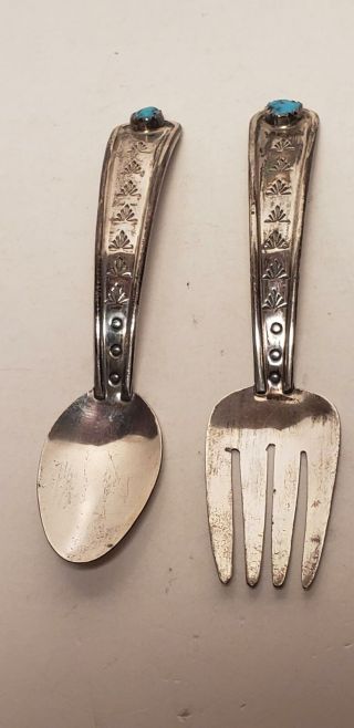 2 Old Sterling Silver Fork/spoon - Childrens - 3.  5 In - Turquoise -.  5 Ozt