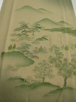 1t04z80 Japanese Kimono Silk Fabric Olive Daimyogyoretsu Embroidery 60.  6 "