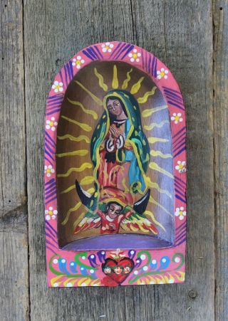 Our Lady Of Guadalupe Hand Painted Sm Wood Niche Batea Michoacán Mexico Folk Art