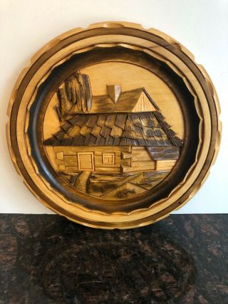 Wooden Hand Carved 9.  5” Plate Polish Folk Art Vintage Polania Wall Hanging