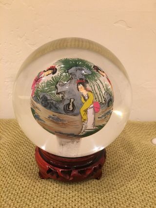 Asian Chinese Japanese Reverse Hand Painted Glass Globe Ball With Wood Base