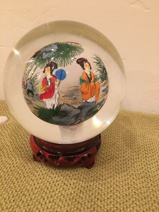 Asian Chinese Japanese Reverse Hand Painted Glass Globe Ball With Wood Base 2