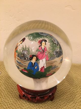 Asian Chinese Japanese Reverse Hand Painted Glass Globe Ball With Wood Base 3