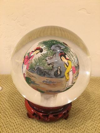 Asian Chinese Japanese Reverse Hand Painted Glass Globe Ball With Wood Base 4