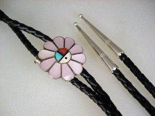Vintage Zuni Sterling Silver & Mosaic Inlay Sunface Bolo Tie