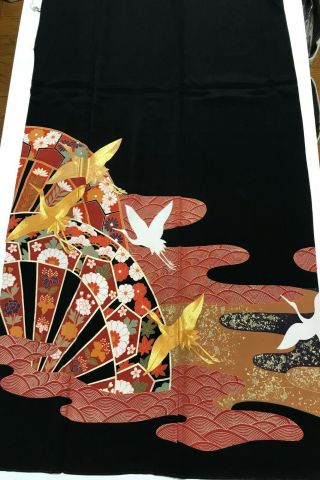 @@vintage/japanese Tomesode Kimono Silk Fabric/gold Embroidery Crane,  Wave B649