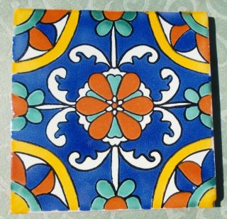 7 Talavera Mexican Pottery Tile 6 " Classic Traditional Catalina Dark Blue Gold
