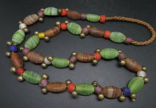 Vintage Ethnic Tribal Glass Beads And Small Brass Bells Necklace