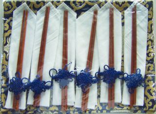 6 Asian Placemats,  Chopsticks,  Napkins,  Rings: Deep Blue/gold Embroidered -