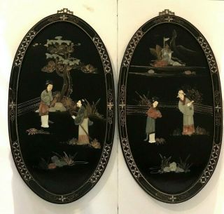 2 Vintage Chinese Black Lacquered Wood Mother Of Pearl Oval Wall Hangings