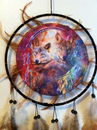 Reversable Cherokee 26 " Dream Catcher,  Wolf / Bear Printed On Canvas