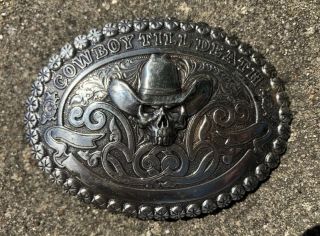 Crumrine Belt Buckle Cowboy Till Death Skull Cowboy Hat Vtg Western Mens Antique