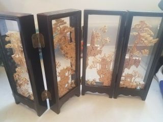 Rare Vintage Chinese Hand Carved Cork Origami Diorama 4 Panel Screen