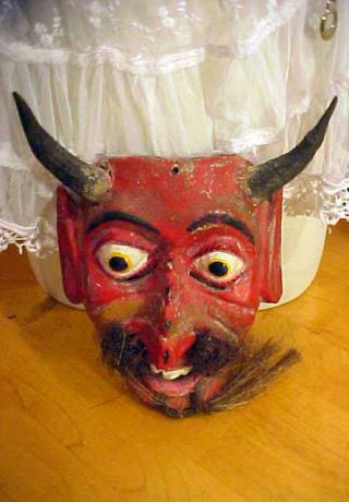 Old Life Size Hand Carved Red Wooden Devil Demonic Mask W/ Horsehair Accents