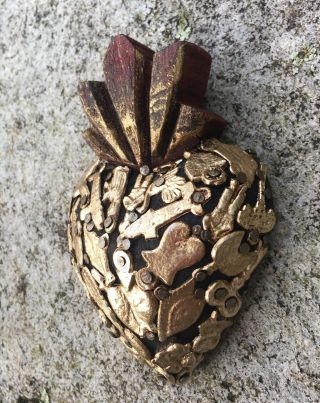 HEARTS - Mexican Milagro Heart - Hand Crafted Wood Milagros Folk Heart 4