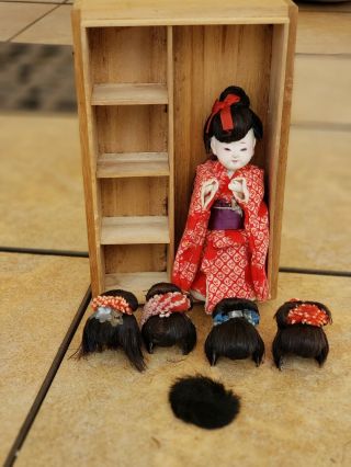 Vintage Japanese Asian Geisha Doll With 6 Wigs In Wooden Box,  Collectors Item