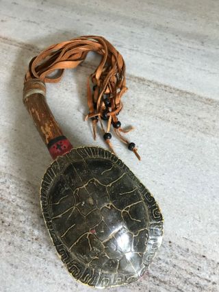Native American Indian Ceremonial Dance Turtle Shell Rattle Wood Leather