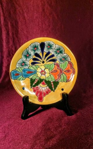 Mexican Artisan Pottery Handpainted Floral Geometric Plate Signed 6 1/4 "