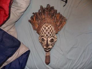 Vintage Hand Carved Wood Face Mask With Hair