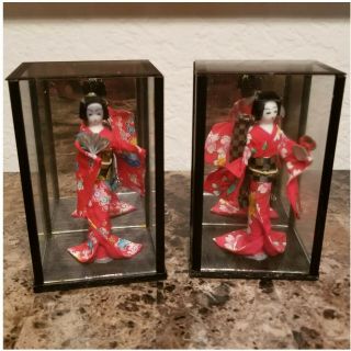 2 Antique Japanese Geisha Dolls In Display Box Collectors Item