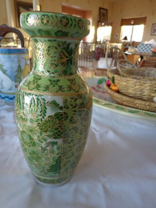 Vintage Oriental Cloisonne Vase Green Pink Flowers with gold accent 9 - 1/2 
