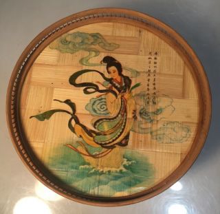 Vintage Asian Woven Bamboo Serving Tray Chinese Geisha