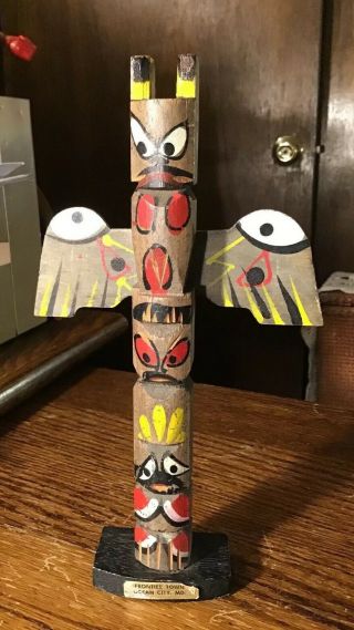 1960s Carved Painted Wood Native American Indian Travel Souvenir Totem Pole 8”