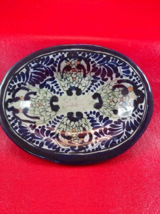 Mexican Talavera Oval Bowl Hand Made La Corona Tiaxcala Floral Folk Art Cobalt