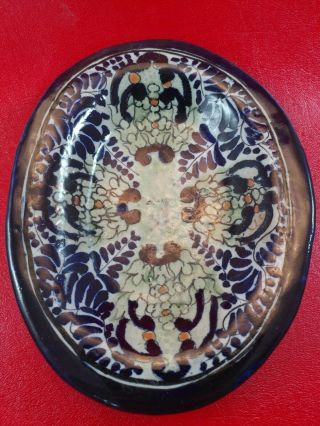 Mexican Talavera Oval Bowl Hand Made La Corona Tiaxcala Floral Folk Art Cobalt 2