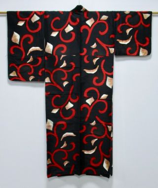 Japanese Silk Antique Kimono / Meisen / Black & Red / Vintage Textile /337