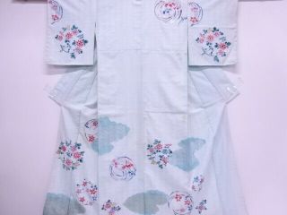 68854 Japanese Kimono / Antique Kimono / Embroidery / Cloud With Flower Circle