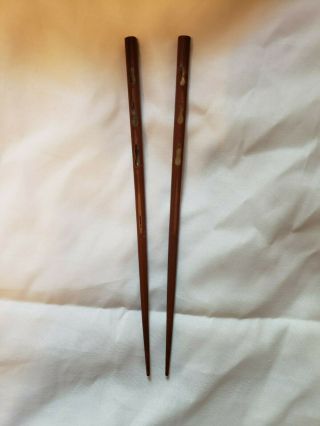 Vintage Wood Chopsticks 9 " Brown Lacquered With Mother Of Pearl Inlay