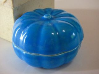 Pottery Kogo Incense Case Blue Color Orange Design Japanese Vintage 61a