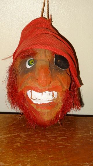 Vintage,  Hand Carved,  Painted,  One Eyed Pirate Coconut Head.  Signed Bimini